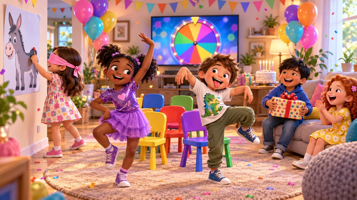 Illustration of a kids’ birthday party: a blindfolded girl pins the tail on a donkey poster, two children dance by a ring of colorful chairs, a boy holds a wrapped parcel and a TV shows a spinning prize wheel