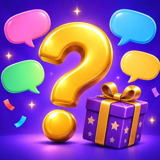 Illustration for the 21 Questions game: a glossy golden question mark beside a mystery gift box and colorful speech bubbles