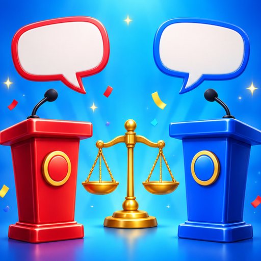 Illustration for the Debate Topics game: a red and a blue podium facing each other with speech bubbles and a golden balance scale