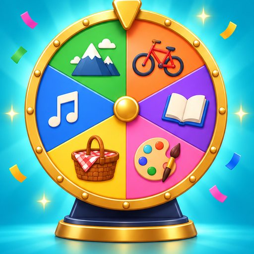 Illustration for the What to Do Wheel: a glossy activity wheel with icons for hiking, cycling, reading, painting, picnics and music