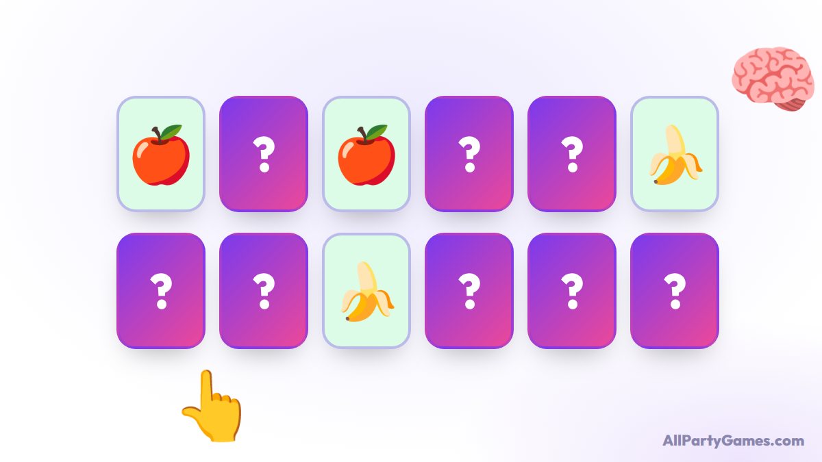 Illustration of the memory matching game: a grid of face-down cards with two apples and a banana turned over