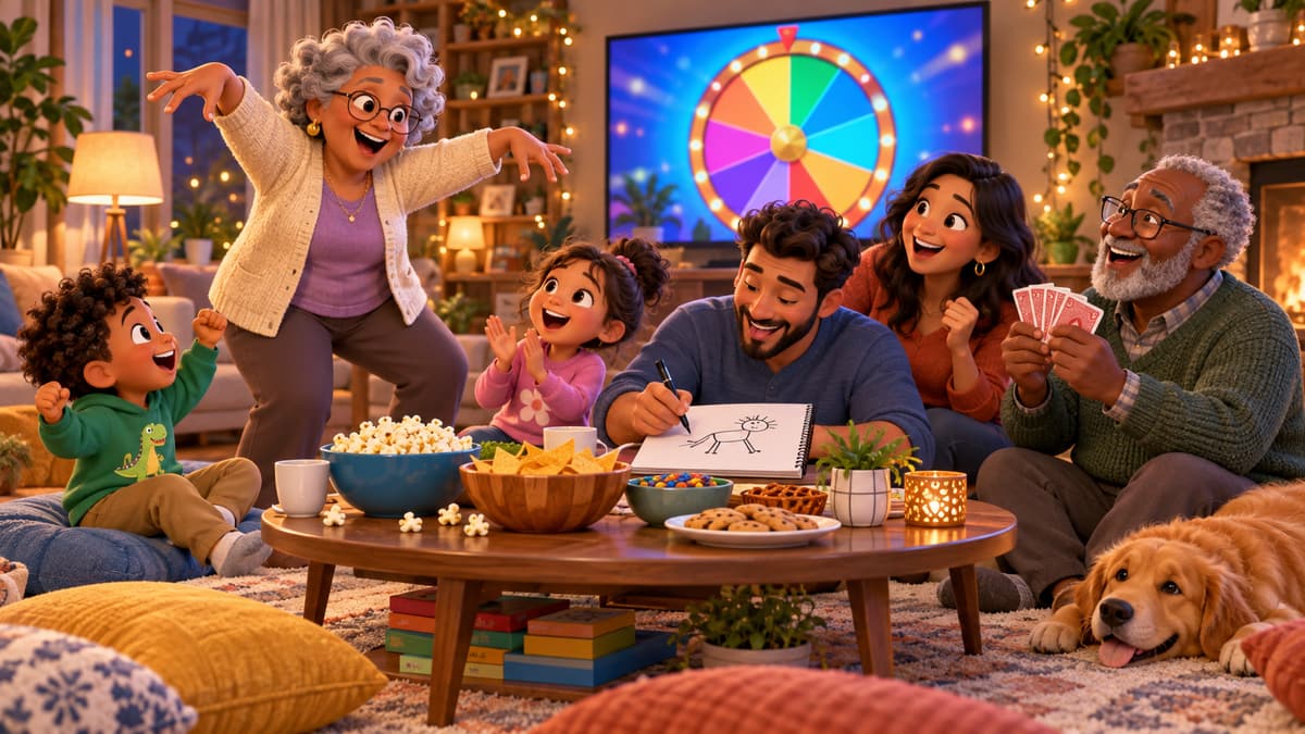 Illustration of a family game night: grandparents, parents and children laughing around a coffee table, playing charades, drawing and cards, with a spinning prize wheel on the TV
