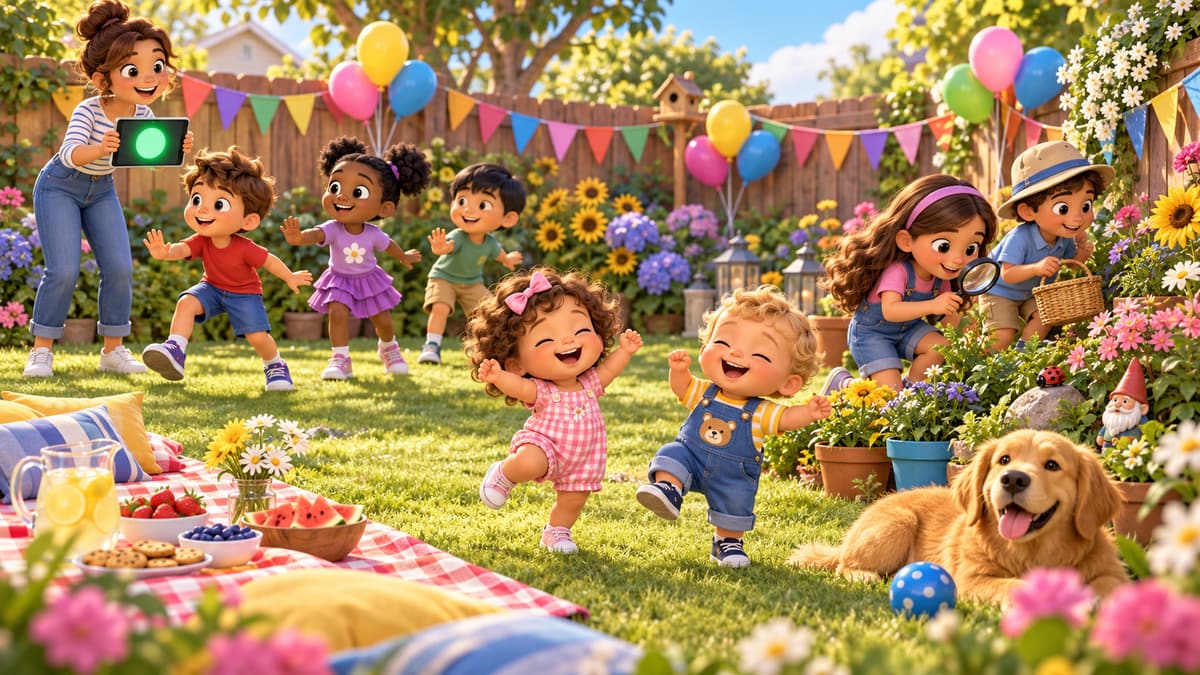 Illustration of children playing party games in a sunny garden: red light, green light with a tablet showing a green light, toddlers dancing and a scavenger hunt with a magnifying glass